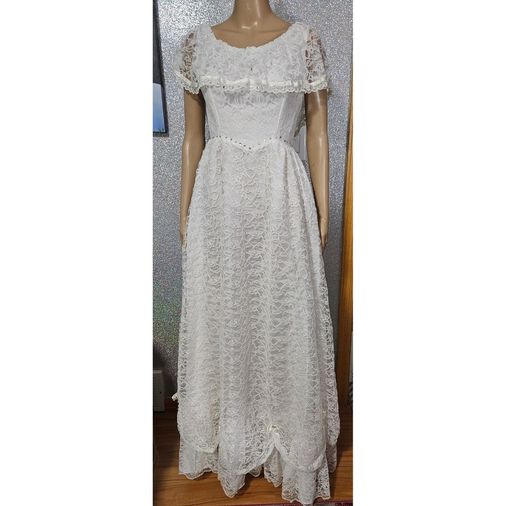 Vintage Dance Allure Lace Wedding Gown Sequin Capelet Maxi Dress Bridal Boho S-M